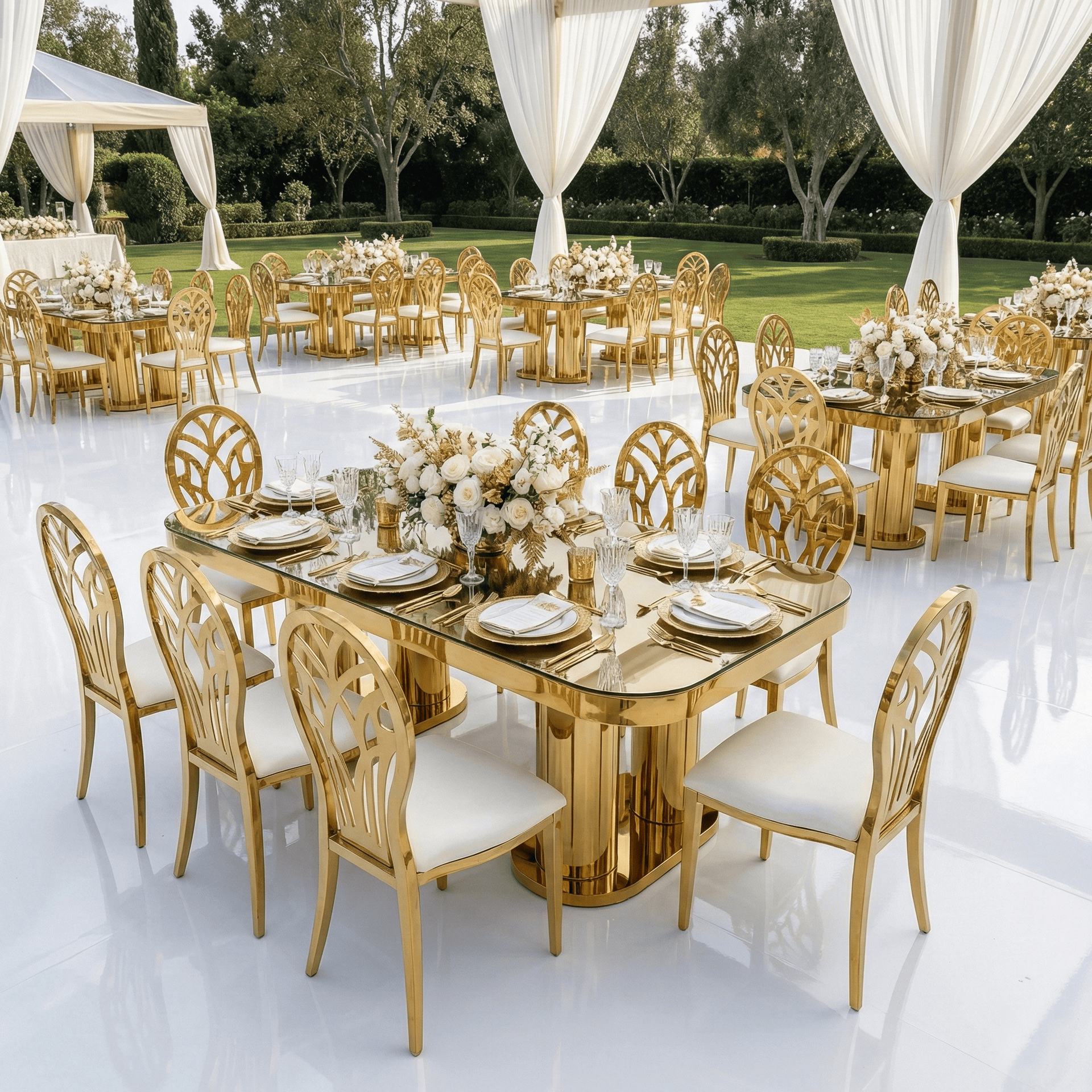 Luxurious gold wedding tables and chairs for outdoor event decor, ideal for weddings and banquets.
