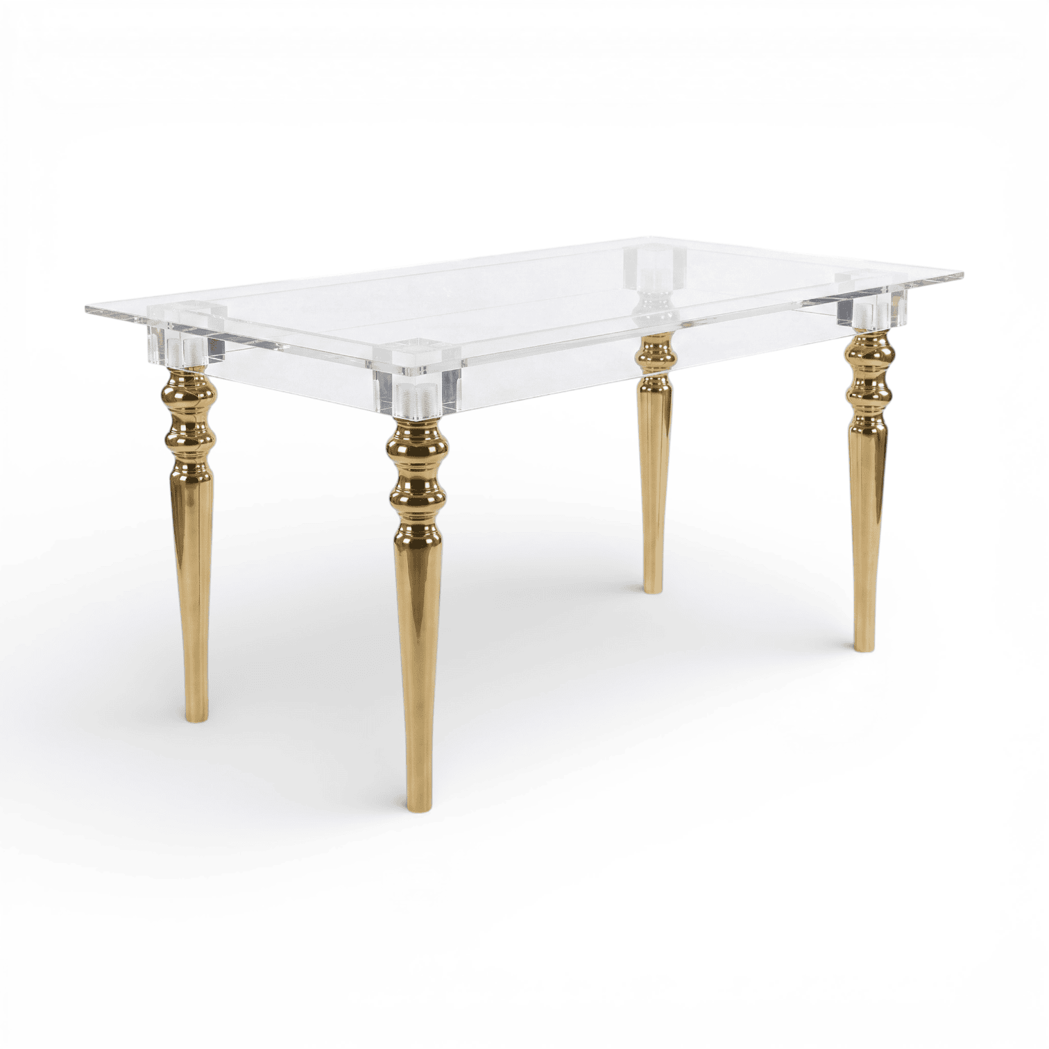 clear acrylic rectangular dining table with gold turned legs angled view