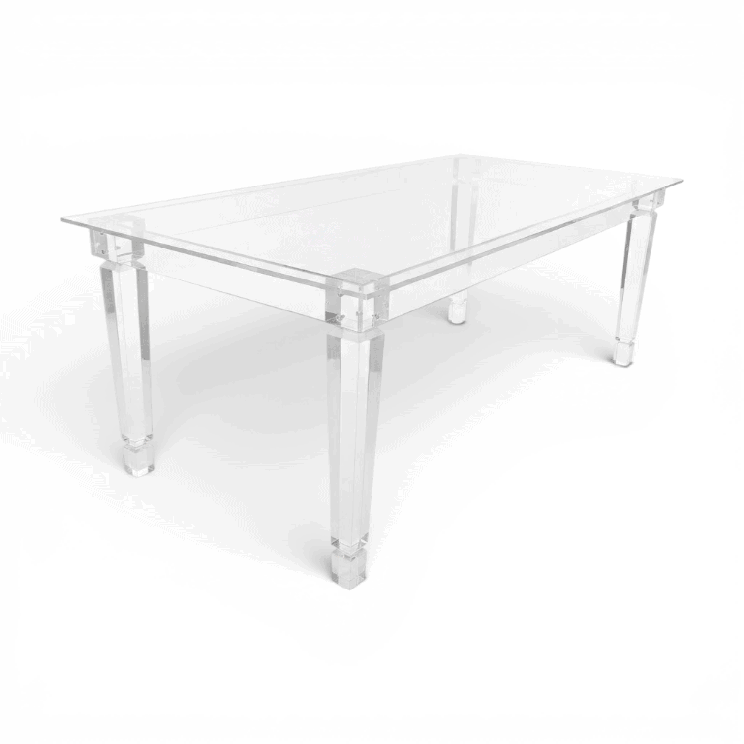 clear acrylic square coffee table with curved legs angled view