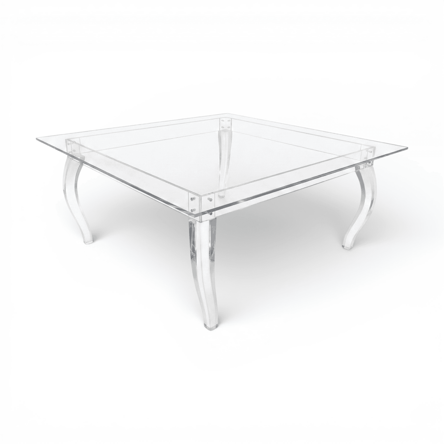 clear acrylic square coffee table with curved legs angled view