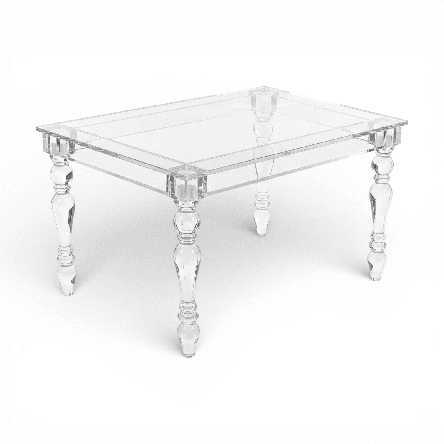Clear acrylic rectangular coffee table with classic turned legs front angled view