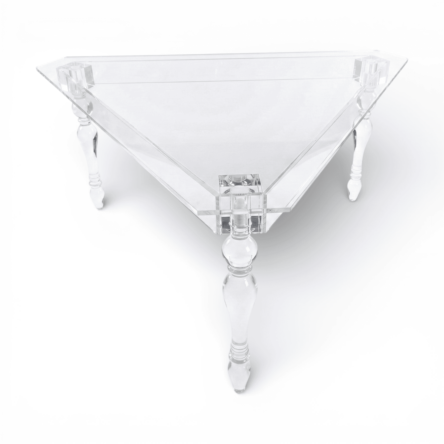 clear acrylic square coffee table with turned legs angled top view