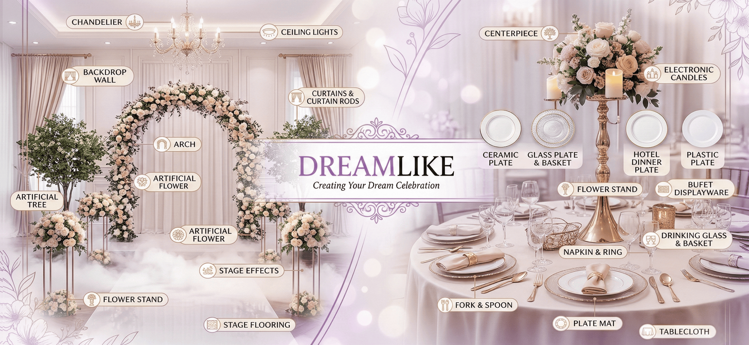 Wedding decoration setup with flowers, candles, and elegant furniture elements.