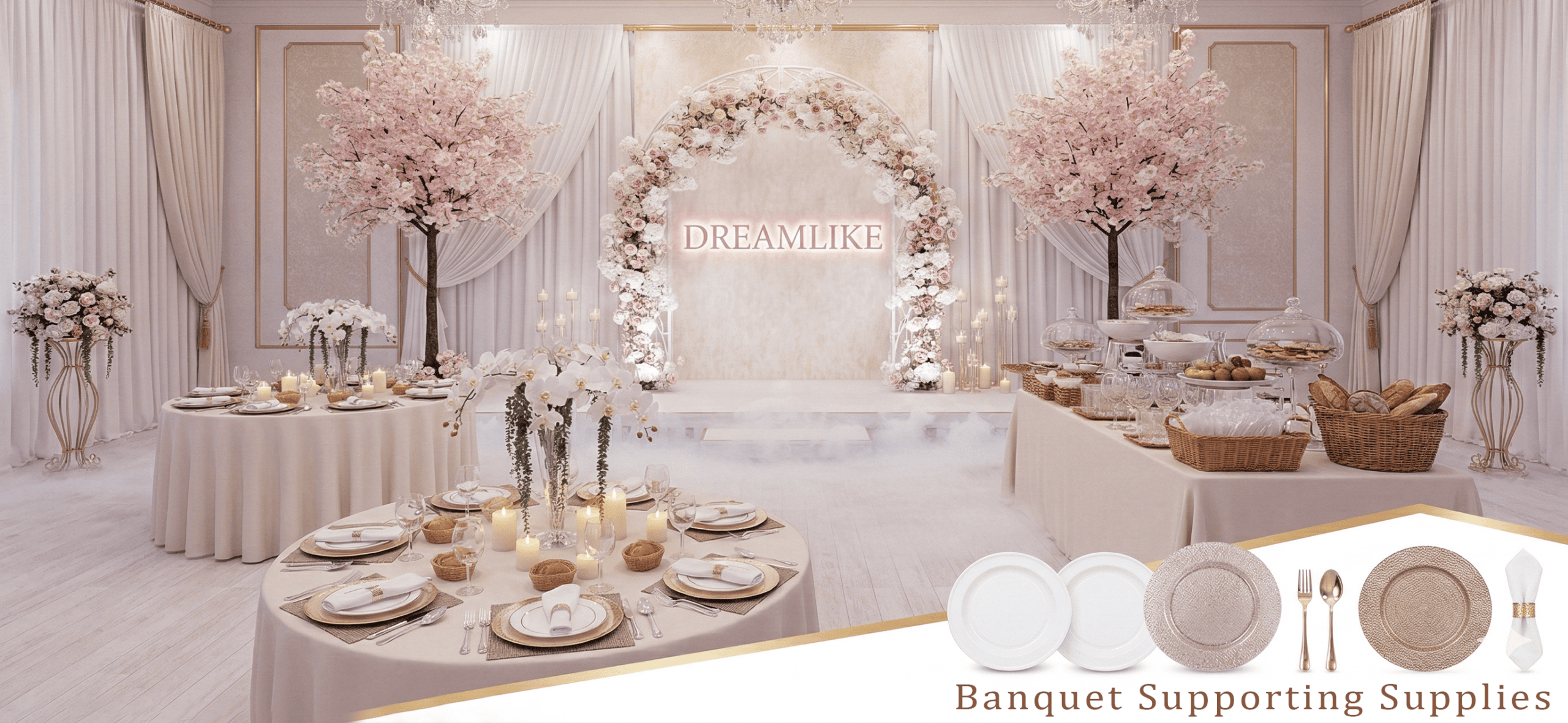 Wedding banquet table with floral arrangements and elegant tableware.