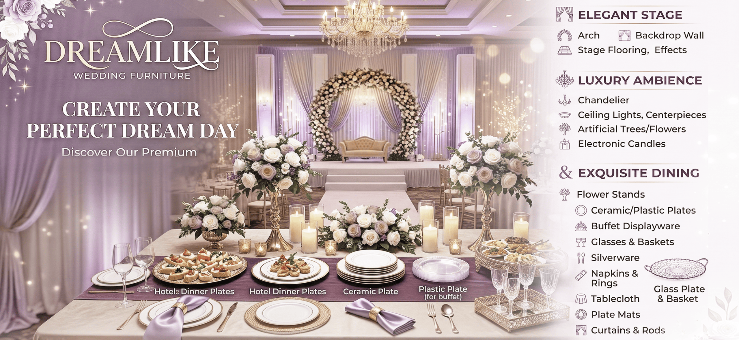 Wedding stage with floral decor, elegant lighting, and luxurious backdrop for upscale events.