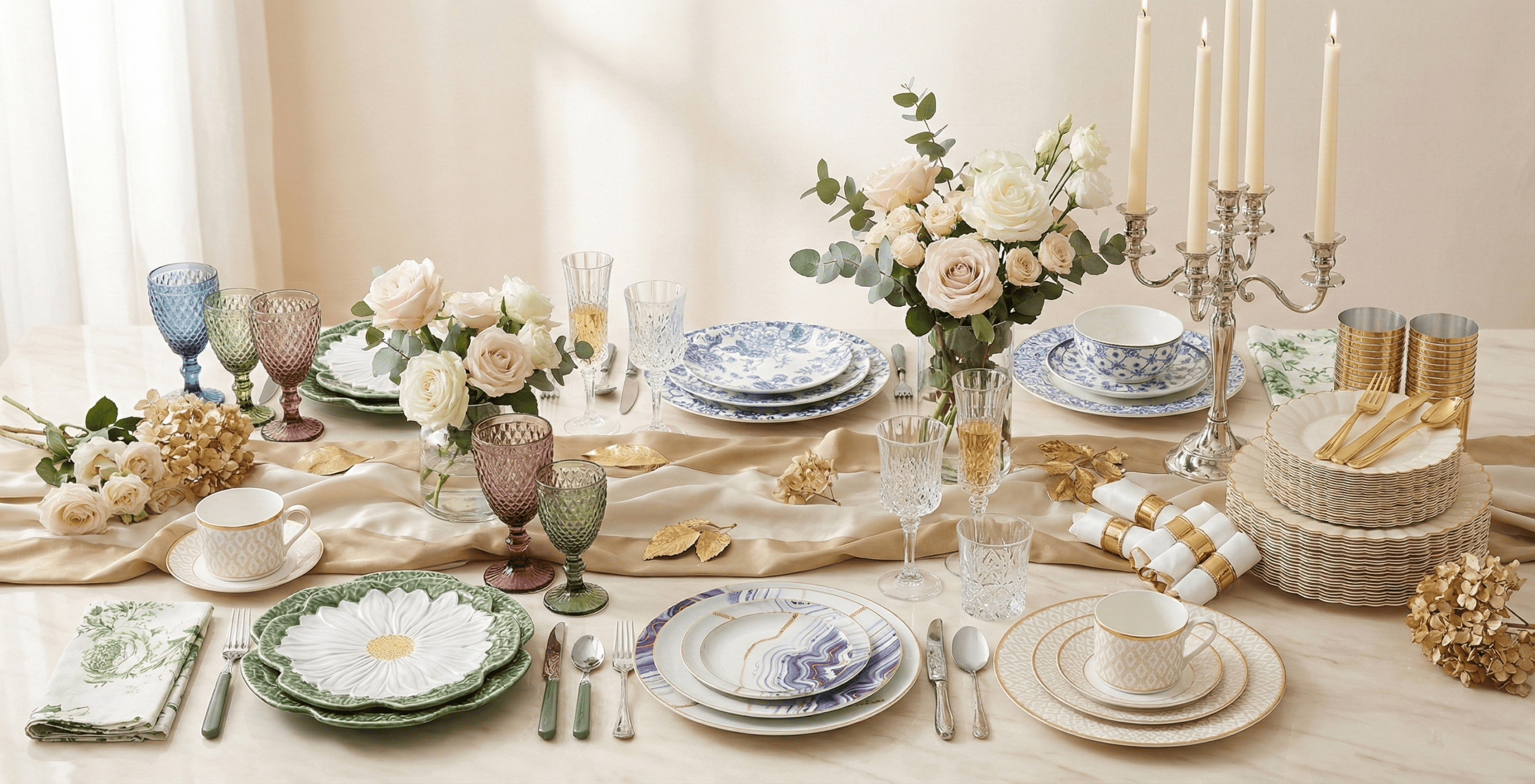 Wedding table setup with flowers, candles, and high-end tableware for special occasions.