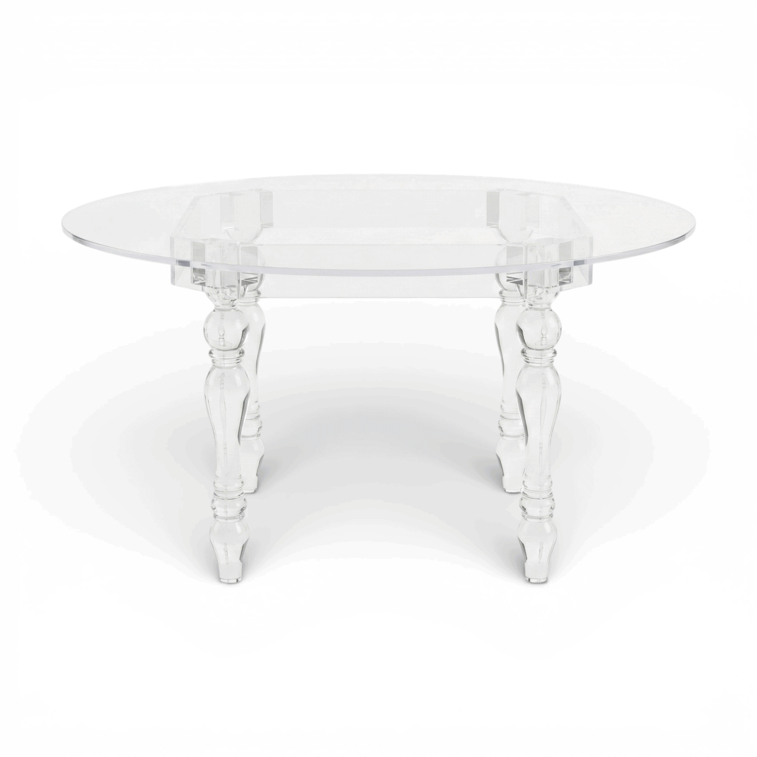 Round clear acrylic event table front view with ornate legs