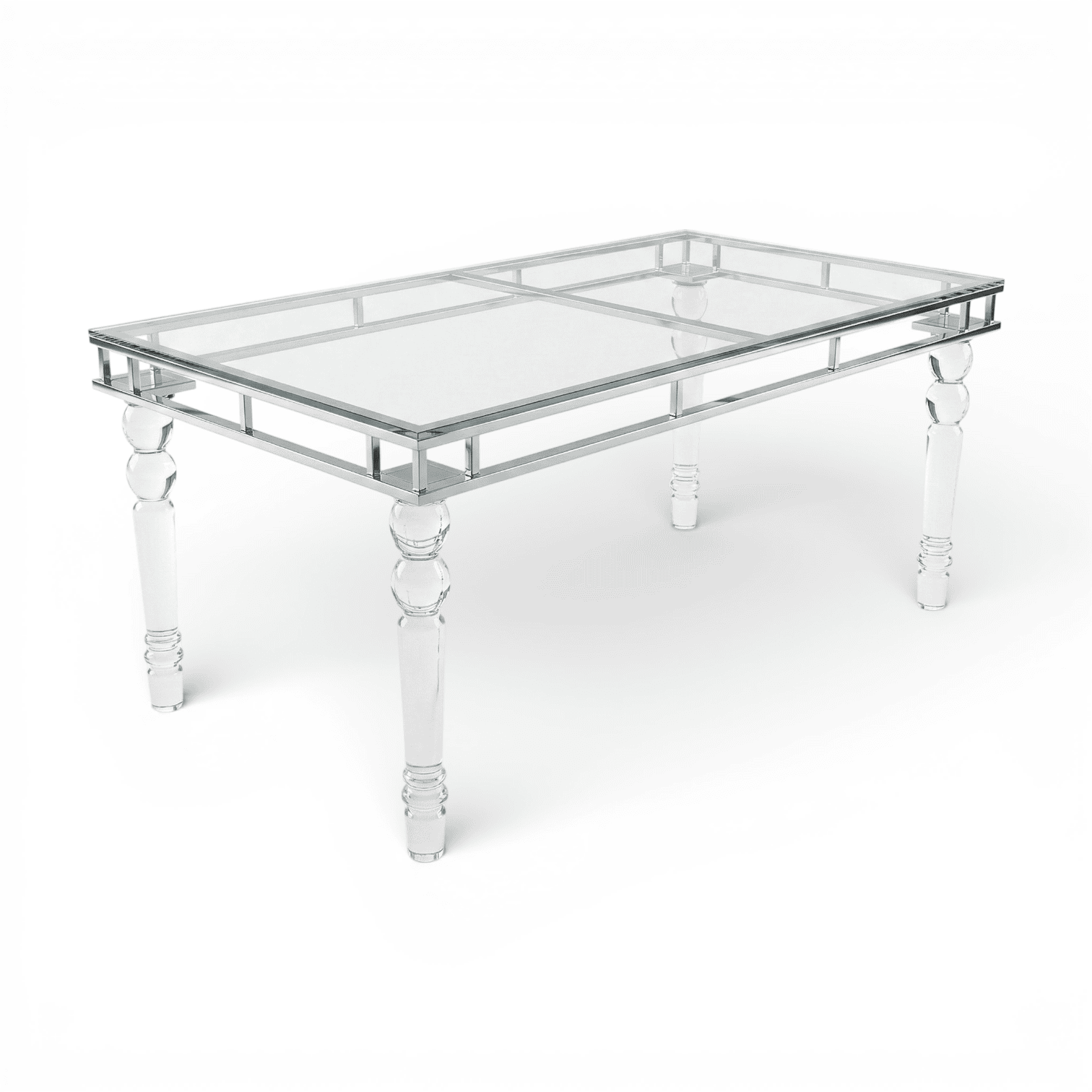Rectangular silver stainless steel framed table with clear acrylic legs
