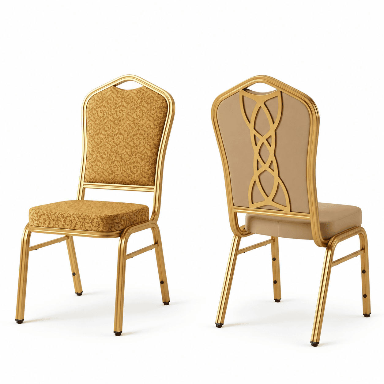 gold patterned fabric banquet chair main view with gold metal frame Gold banquet chair with