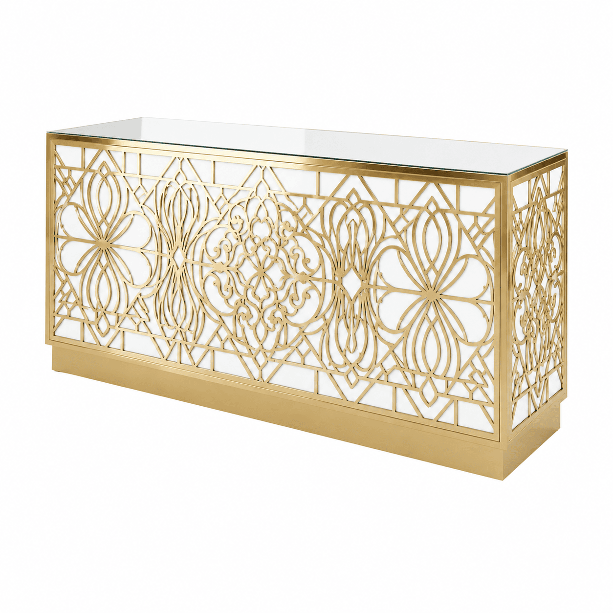 stainless steel glass top bar counter main view with gold metal frame Gold stainless steel bar